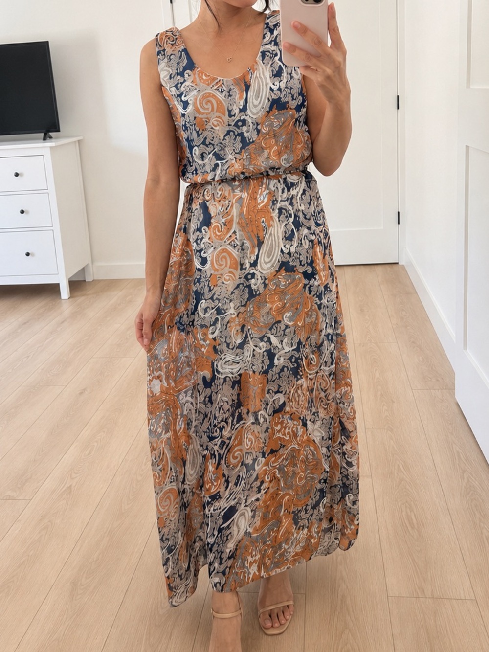 Sleeveless Paisley Maxi Dress in Navy, Rust, and Cream